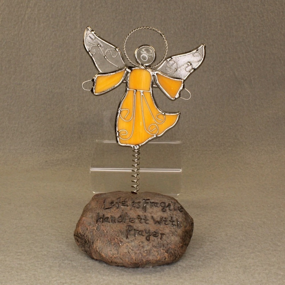 Stained Glass Angel Figurine Yellow Wings Rock Base "Life is Fragile" Decor